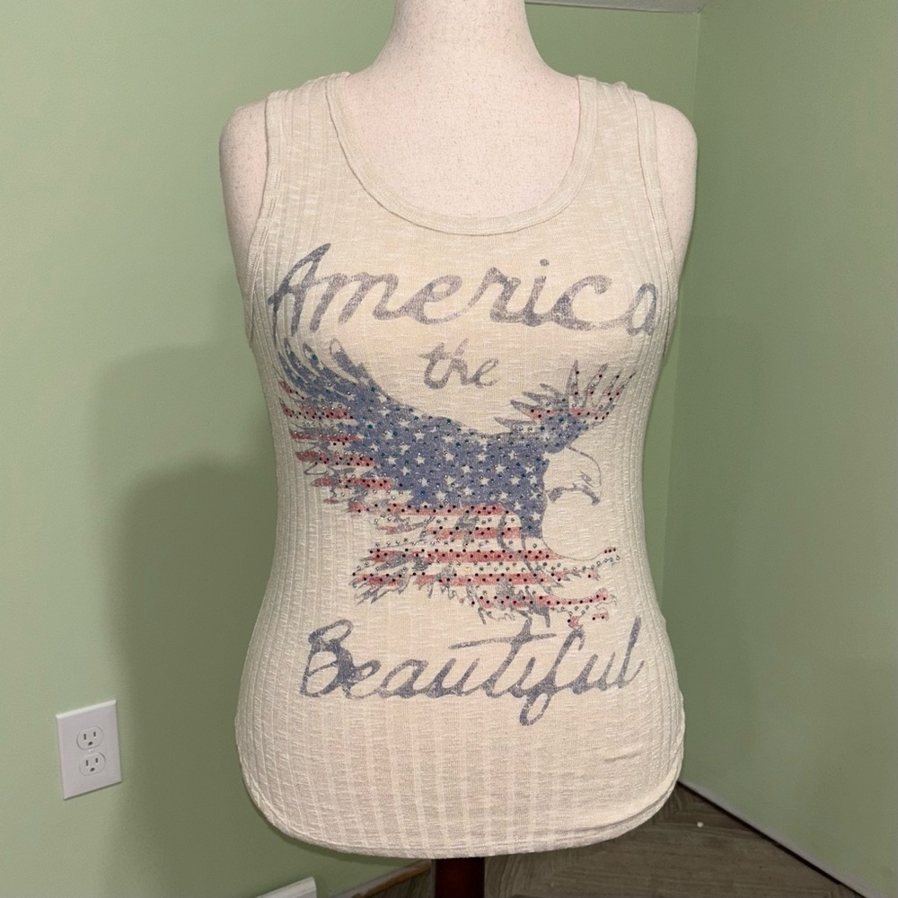 Vocal America The Beautiful Ribbed Tank Top Lace Up Back Rhinestone Women’s Sz L